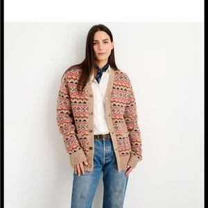 ALEX MILL Fair Isle Cardigan Sweater in Camel Multi Large